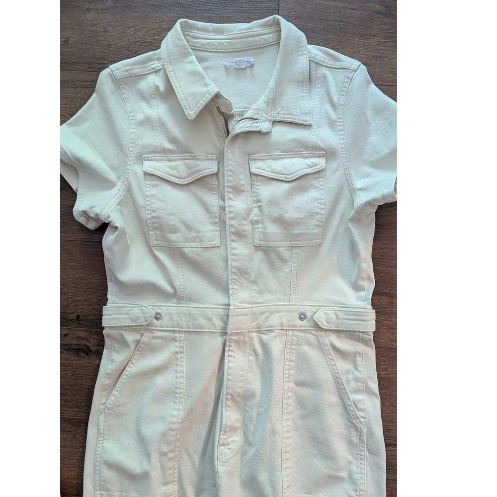 Good American Ecru Utility Denim Maxi Dress Short Sleeve Front Zip Slit XL
